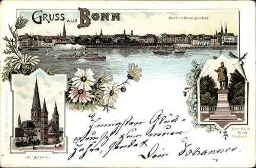 Litho Bonn am Rhein, Panorama, Blick von Beuel, Münsterkirche, Ernst Moritz Arndt Denkmal