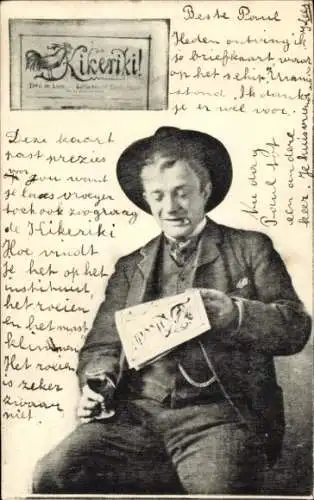 Ak Rauchender Mann liest eine Zeitung, Weinglas