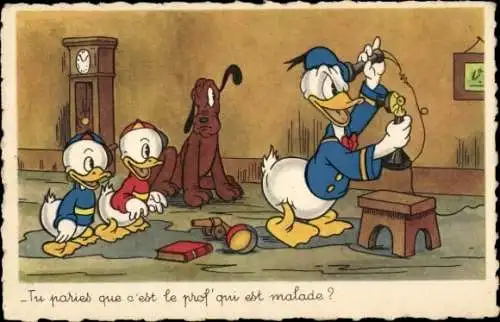 Künstler Ak Walt Disney, Donald Duck am Telefon, Neffen