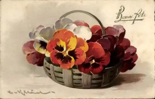Künstler Ak Klein, Catharina, Glückwunsch, Korb voller Stiefmütterchen