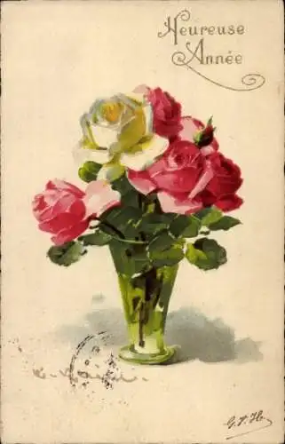 Künstler Ak Klein, Catharina, eine Vase mit roten und gelben Rosen