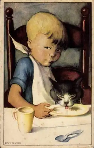 Künstler Ak Eeke Ferman, Junge am Esstisch, Katze leckt Teller ab