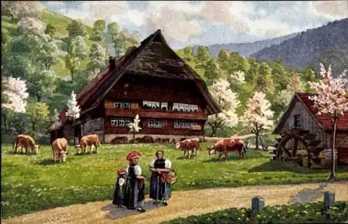 Künstler Ak Schwarzwald, Bauernhof, Wassermühle, Frühling, Kühe