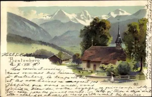 Künstler Litho Beatenberg Kanton Bern, Gesamtansicht, Kirche