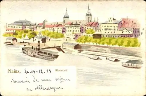 Handgemalt Litho Mainz am Rhein, Rheinquai