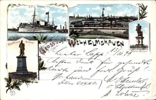 Litho Wilhelmshaven, S.M.S. Hohenzollern, Hafenansicht, Kaiser Wilhelm Denkmal