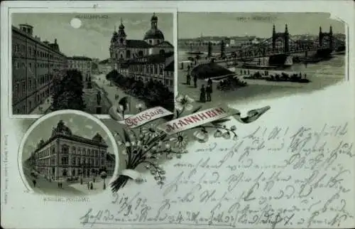 Litho Mannheim in Baden Württemberg, Schillerplatz, Neckarbrücke, Postamt