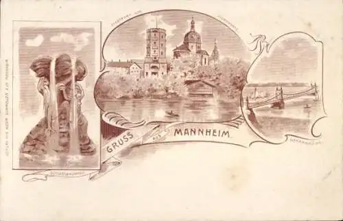 Litho Mannheim in Baden, Schlossbrunnen, Stadtpark, Sternwarte, Neckarbrücke
