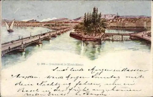 Litho Genf Stadt Schweiz, Mont Blanc, Gesamtansicht