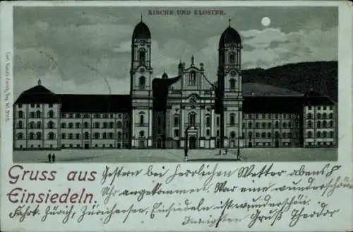 Mondschein Litho Einsiedeln Kanton Schwyz Schweiz, Kloster, Kirche