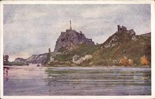 Künstler Ak Schmidt, R., Deveny Ungarn, Wasserpartie, Ruine