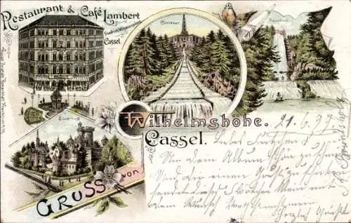 Litho Bad Wilhelmshöhe Kassel in Hessen, Restaurant Lambert, Löwenburg, Cascaden