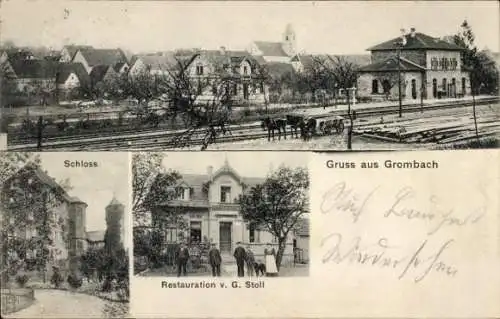 Ak Grombach Bad Rappenau im Kraichgau Baden, Teilansicht, Bahnhof, Schloss, Restauration G. Stoll