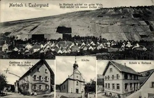Ak Marbach Lauda Königshofen in Tauberfranken, Panorama, Gasthaus zum Adler, Kirche, Schule, Rathaus