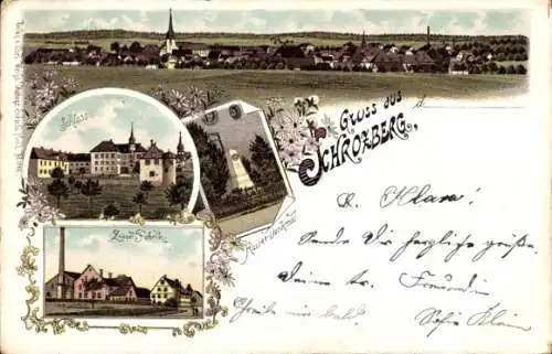 Litho Schrozberg in Württemberg, Kaiserdenkmal, Ziegelfabrik, Schloss, Totalansicht