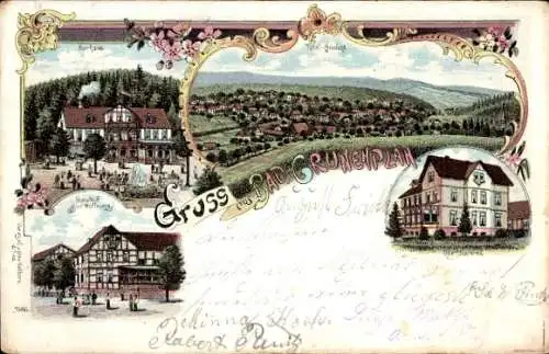 Litho Grünenplan Delligsen Niedersachsen, Gasthof zur Hoffnung, Kurhaus, Oberförsterei, Totalansicht