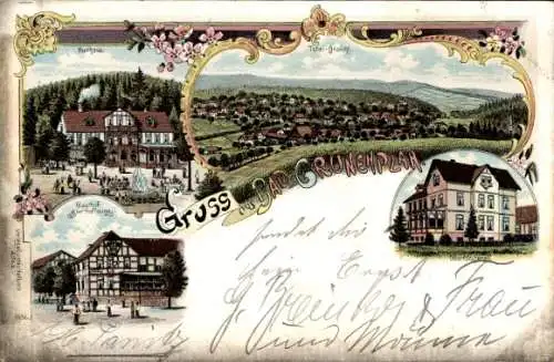 Litho Grünenplan Delligsen Niedersachsen, Gasthof zur Hoffnung, Kurhaus, Oberförsterei, Totalansicht