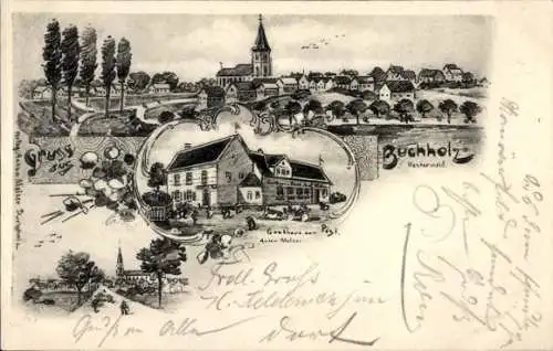 Litho Buchholz im Westerwald, Gesamtansicht, Gasthaus zur Post, Kirche