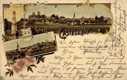 Litho Kastellaun im Hunsrück, Gesamtansicht, Kriegerdenkmal, Wappen