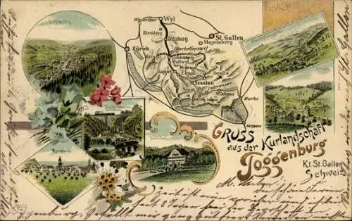 Landkarten Litho Toggenburg Kanton St. Gallen, Kurlandschaft, Wyl, Wildhaus, Nesslau