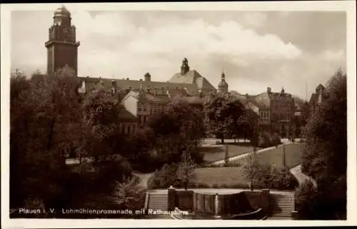 Ak Plauen im Vogtland, Lohmühlenpromenade mit Rathausturm