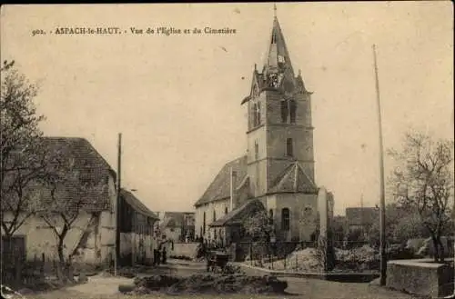 Ak Aspach Elsass Haut Rhin, Vue de l'église et du cimetière, Kriegszerstörungen, I. WK