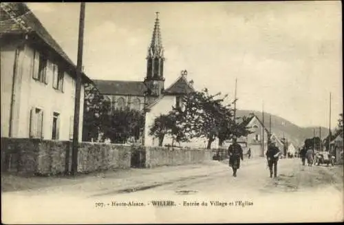 Ak Willer Weiler Elsass Haut Rhin, Entrée du Village et l'église