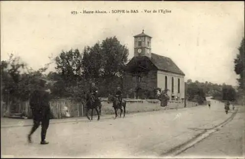 Ak Soppe le Bas Niedersulzbach Elsass Haut Rhin, Vue de l'Eglise, Straßenpartie, Kirche