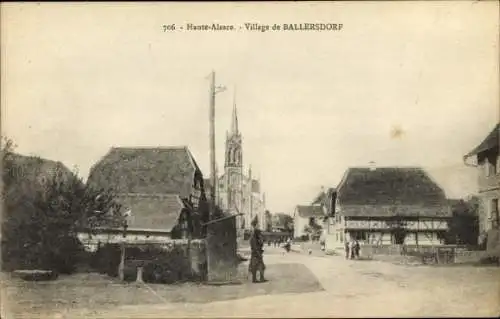 Ak Ballersdorf Elsass Haut Rhin, Village, Straßenpartie, Kirche