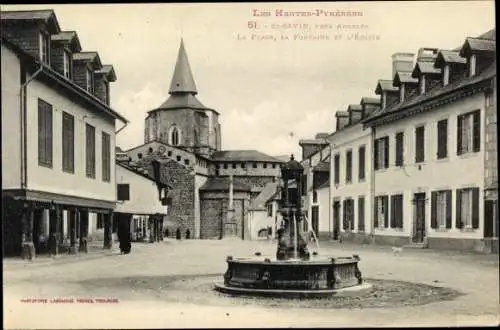 Ak Saint Savin Hautes Pyrénées, la Place, la Fontaine et l'Église