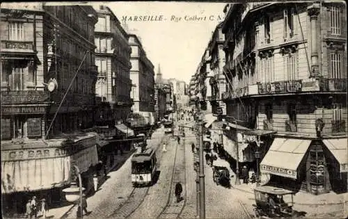 Ak Marseille Bouches du Rhône, Rue Colbert, Hotel Poste, Pharmacie, Geschäfte, Straßenbahn