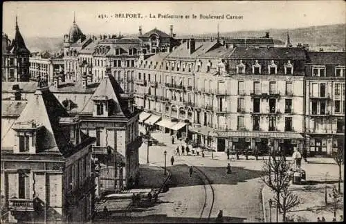 Ak Belfort Territoire de Belfort, La Prefecture et le Boulevard Carnot, Wohnhäuser, Geschäfte