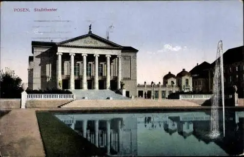 Ak Poznań Posen, Das Stadttheater, Wasserfläche mit Fontäne