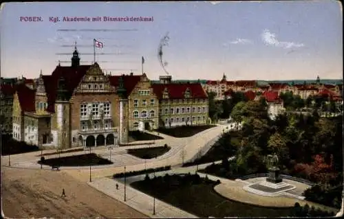 Ak Poznań Posen, Kgl. Akademie als Lazarett, Bismarckdenkmal, Straße, Parkanlagen