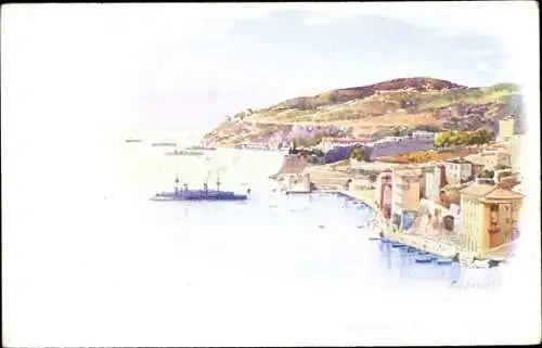 Künstler Ak Lessieux, E., Villefranche sur Mer Alpes Maritimes, Panoramablick auf die Stadt, Hafen