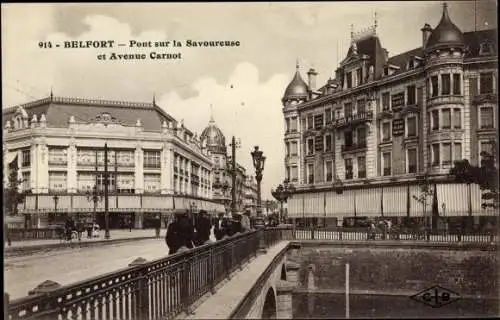 Ak Belfort Territoire de Belfort, Pont sur la Savoureuse et Avenue Carnot