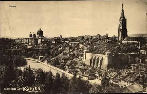 Ak Bern Stadt Schweiz, Stadtpanorama, Kirche, Festung, Brücke, Chocolat Kohler