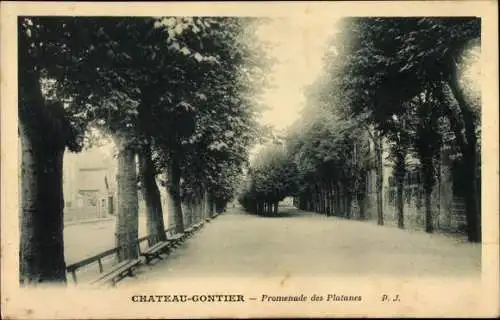 Ak Chateau Gontier Mayenne, Promenade des Platanes, Straße mit Alleebäumen