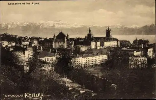 Ak Lausanne Kt. Waadt Schweiz, Stadtpanorama mit Blick zu den Alpen, Chocolat Kohler