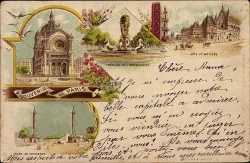 Litho Paris, St. Augustin, Cours de Vincennes, Fontaine de l'Observatoire, Arts et Metieres