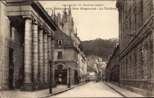 Ak Besançon Doubs, Rue Megevand, Le Theatre, Cafe de l'Université