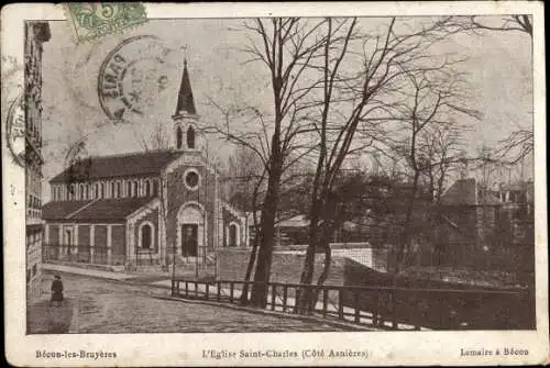 Ak Bécon les Bruyères Hauts de Seine, L'Eglise Saint Charles, Cote Asnieres, Kirche