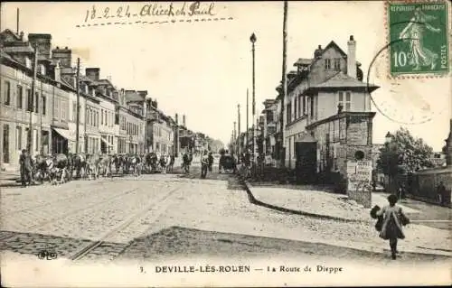 Ak Deville les Rouen Seine Maritime, La Route de Dieppe, Kuhherde, Geschäfte