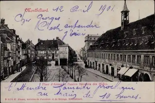 Ak Montbéliard Doubs, Place d'Armes et l'ancien Batiment des Halles, Geschäfte, Denkmal