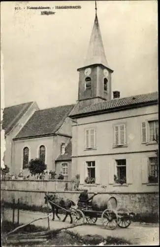 Ak Hagenbach Elsass Haut Rhin, L'Église, Blick auf die Kirche, Fuhrwerk