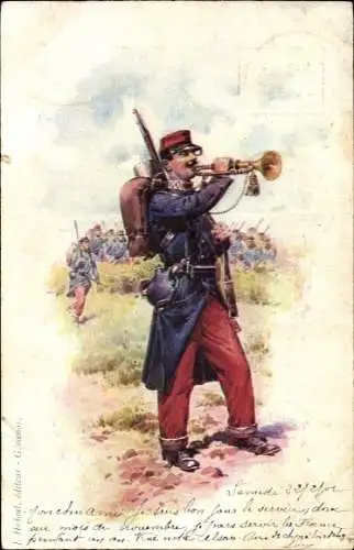 Künstler Ak Französischer Soldat bläst die Trompete