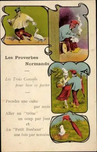 Künstler Ak Les Proverbes Normands, Les Trois Conseils pour bien se porter, Volkstracht, Pfeife