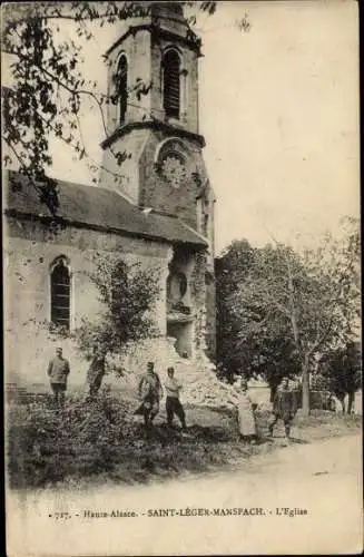 Ak Manspach Mansbach Elsass Haut Rhin, L'Église Saint Léger, Kriegszerstörungen, I. WK