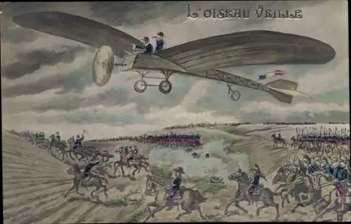 Künstler Ak L'Oiseau Veille, Französisches Militärflugzeug, Soldaten