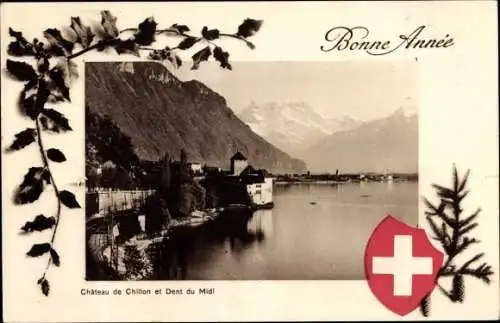 Passepartout Ak Chillon Lac Léman Kt. Waadt Schweiz, Château et Dent du Midi, Wappen, Bonne Année